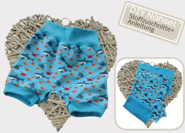 DIY Nähpaket Stoff Zuschnitte Kurze Pumphose Jersey Pirato Fish, Bündchen blau Nähset